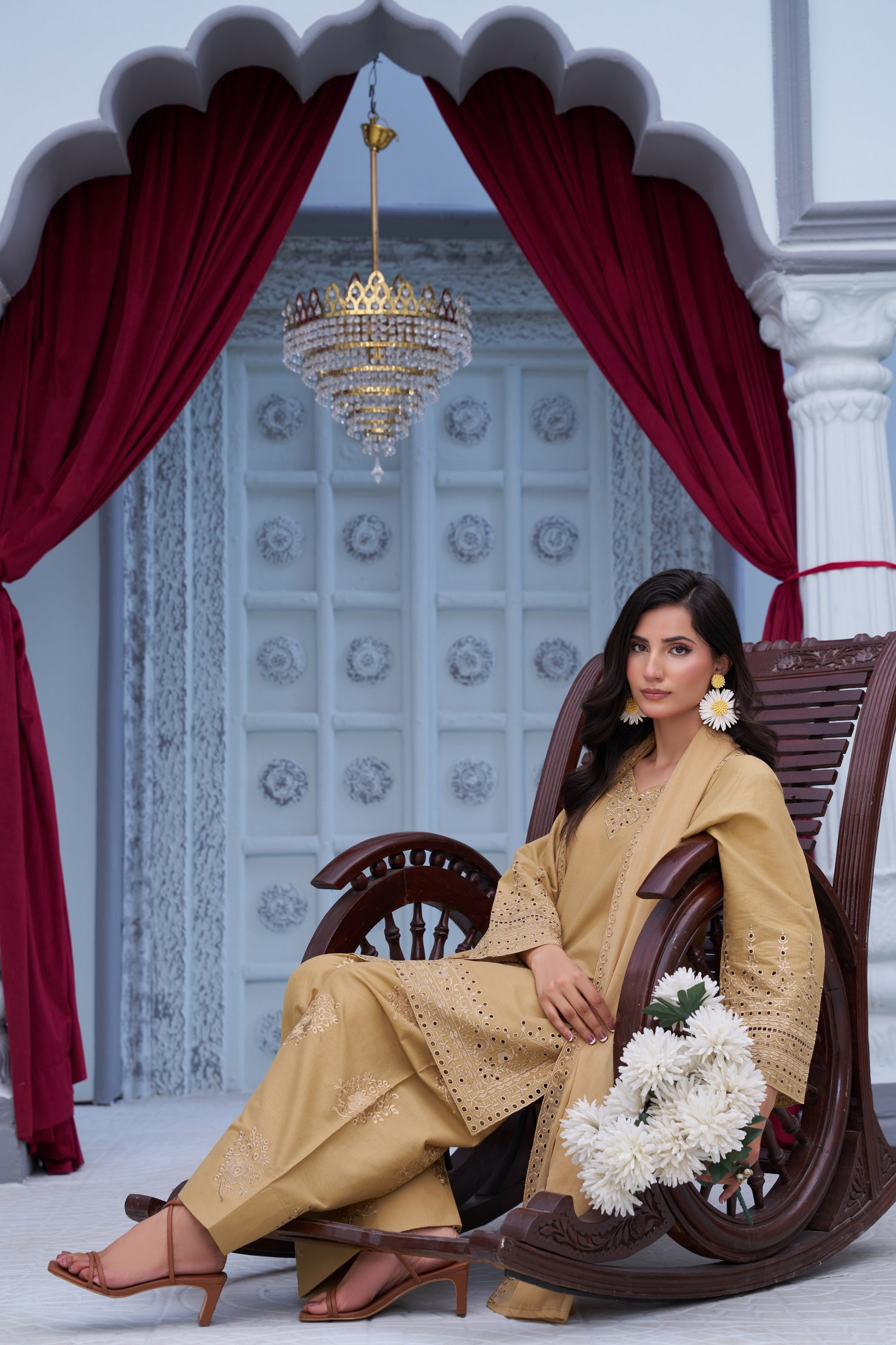 Mustard - 3PC Embroidered  & Farshi Shalwar