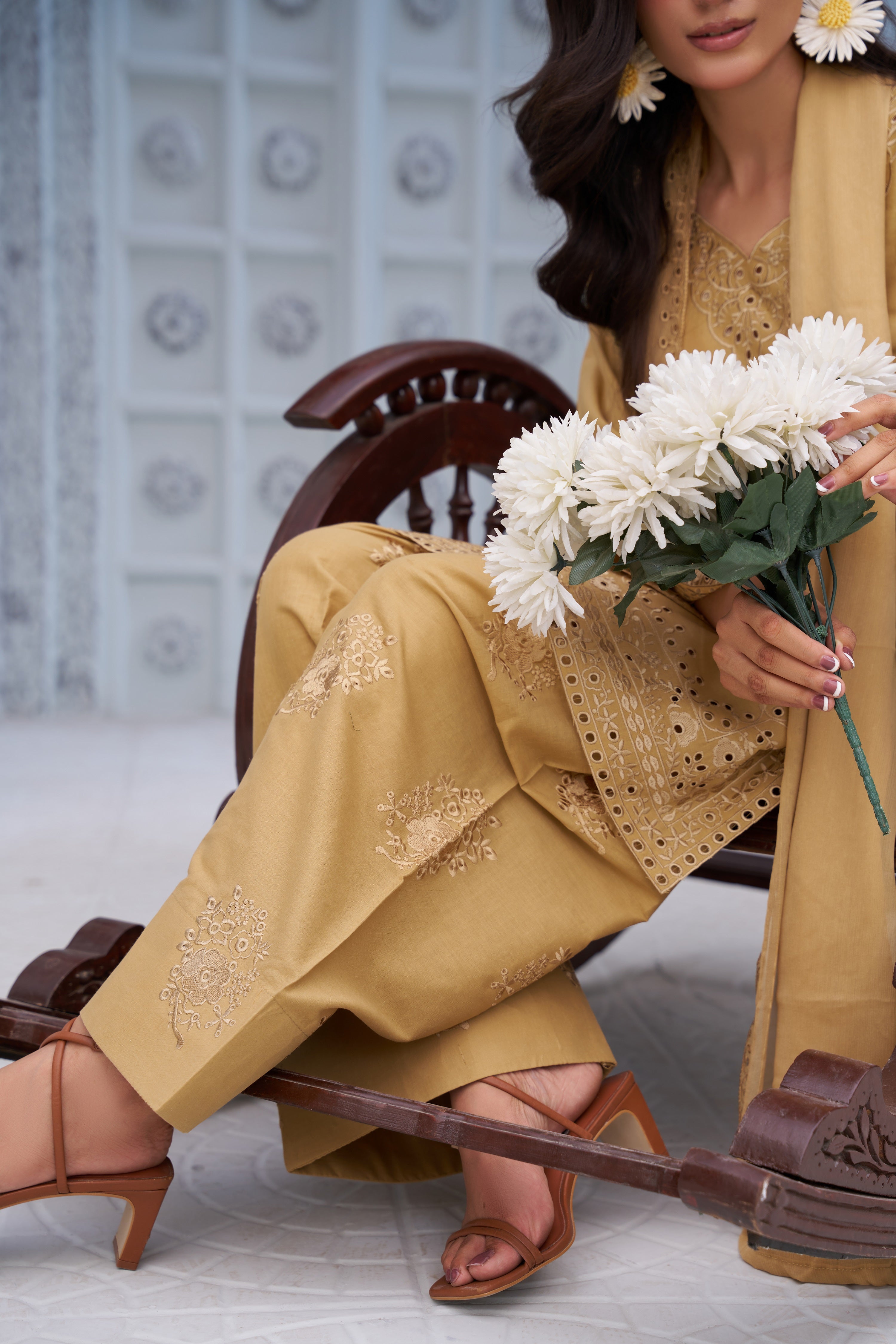 Mustard - 3PC Embroidered  & Farshi Shalwar