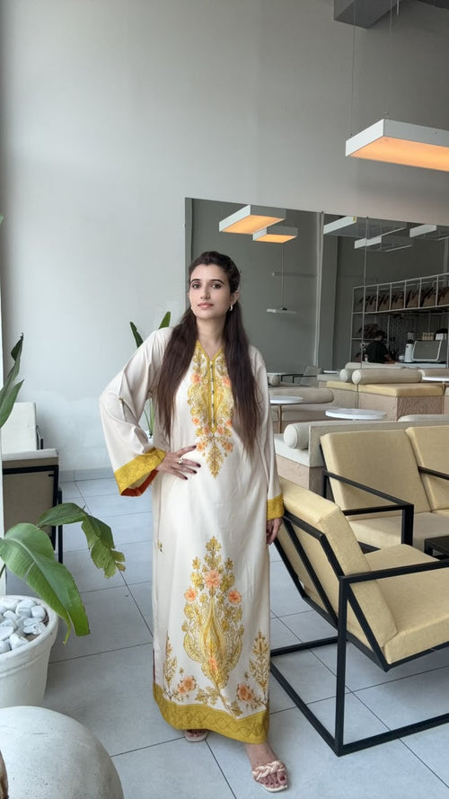 Beige & Yellow Floral Printed Kaftan