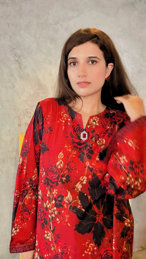 Crimson Bloom - Printed Kaftan with Embellished Neckline