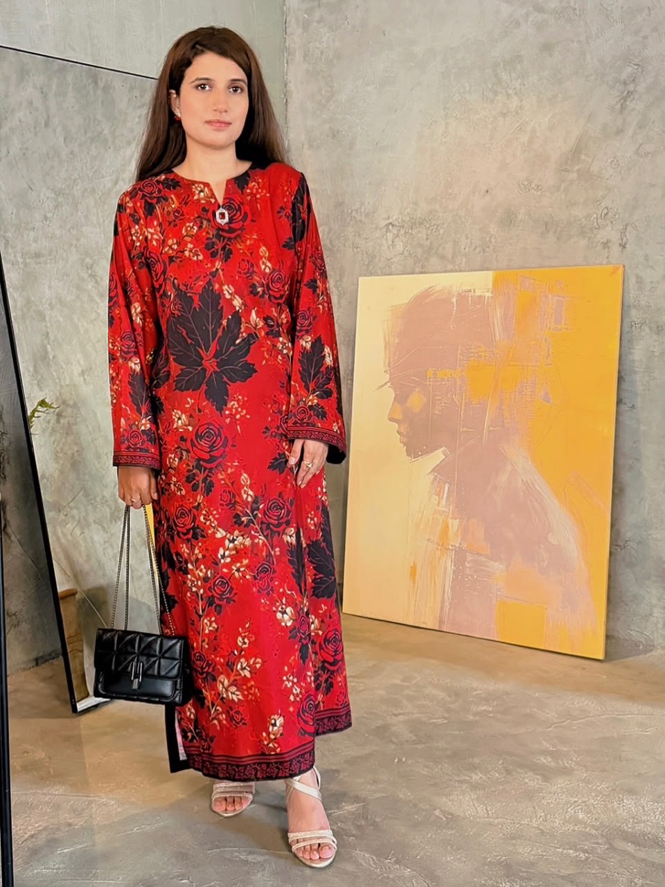 Crimson Bloom - Printed Kaftan with Embellished Neckline