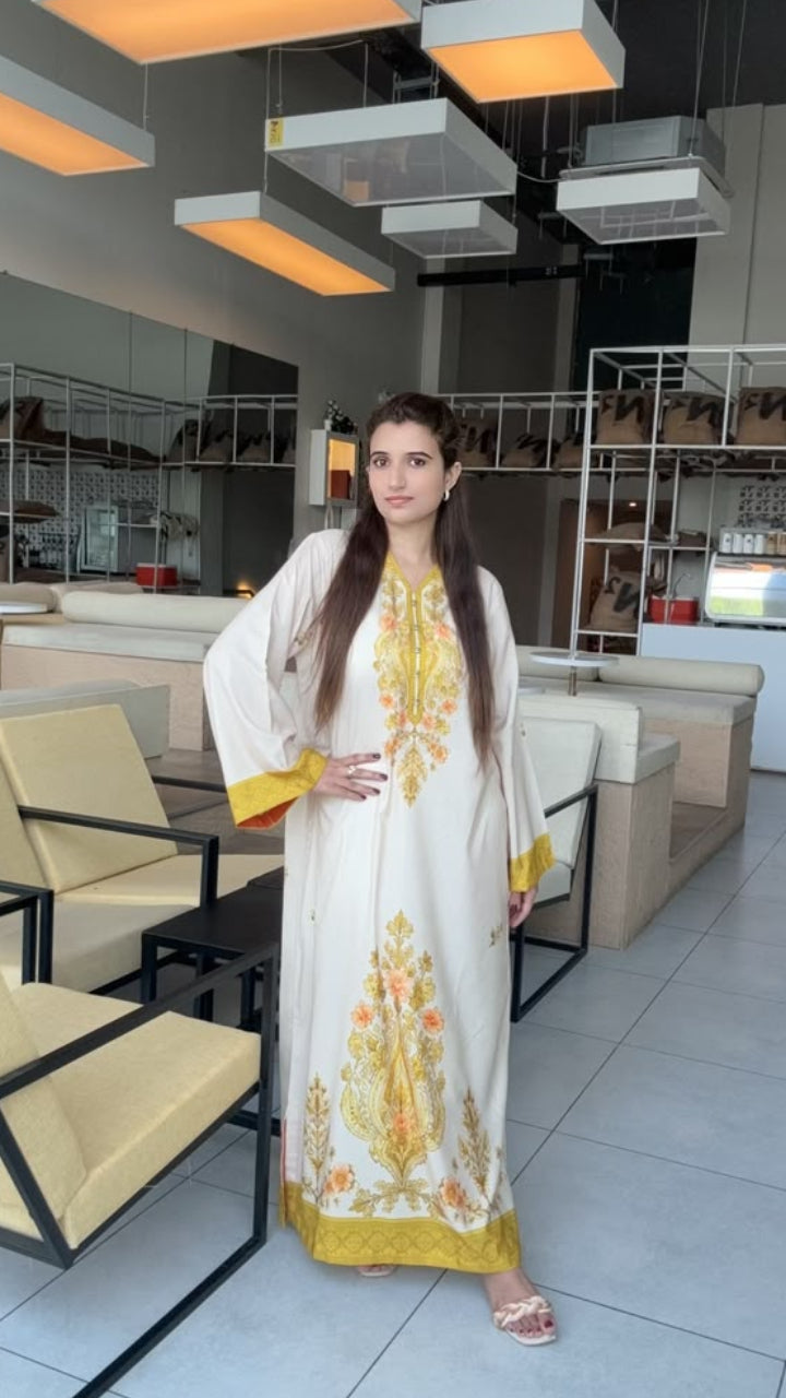 Beige & Yellow Floral Printed Kaftan